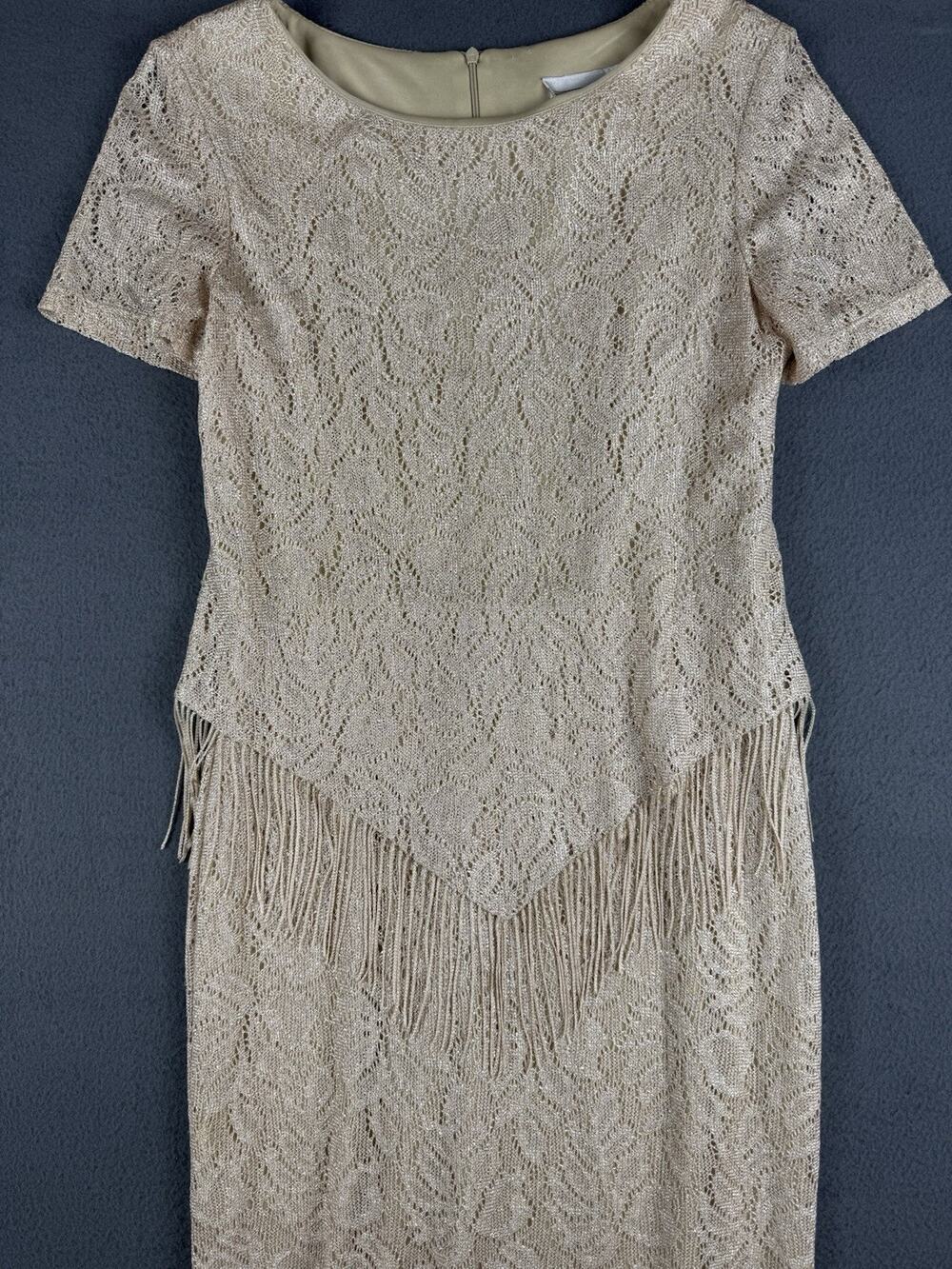 Vintage S. L. Fashions Cream Fringe Long Dress Women’s Size 10 Made in USA